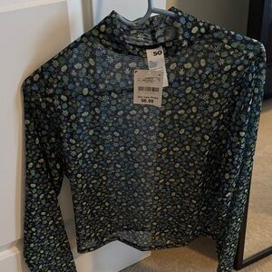 SO Black Sheer Floral Long Sleeve Top with Green and Blue Flowers